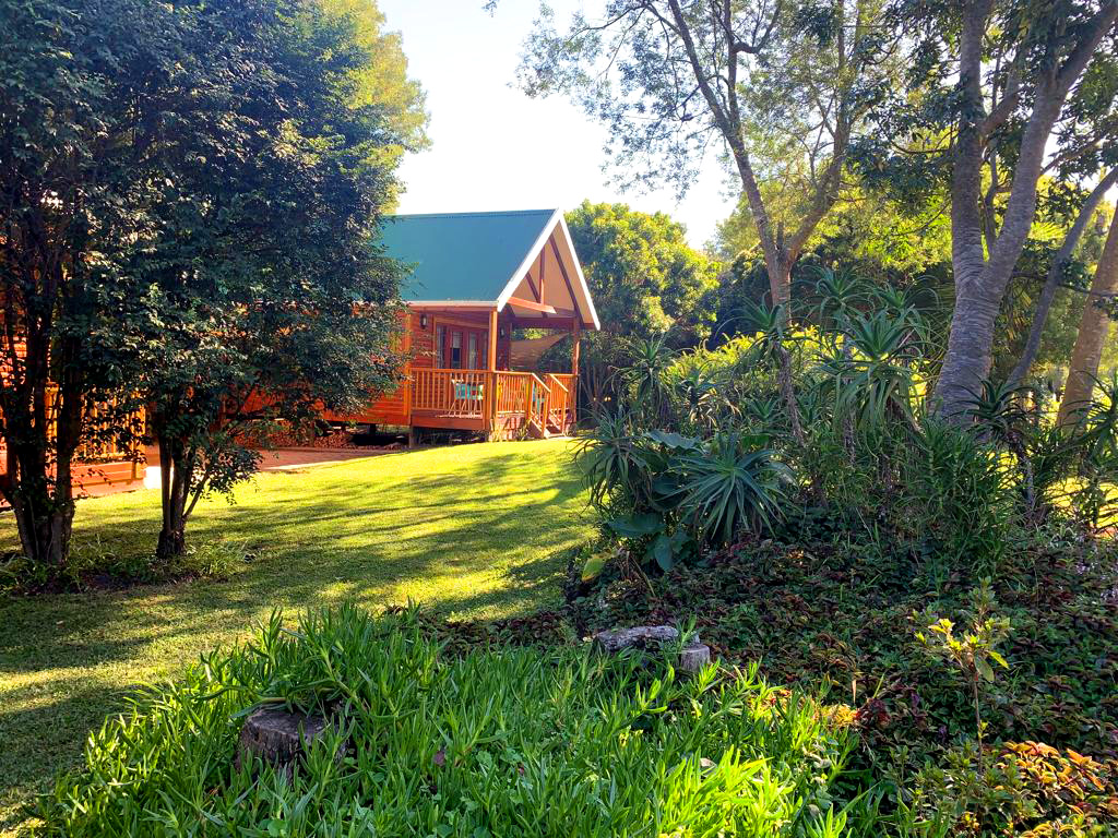 Timber cottage surrounded by a green garden